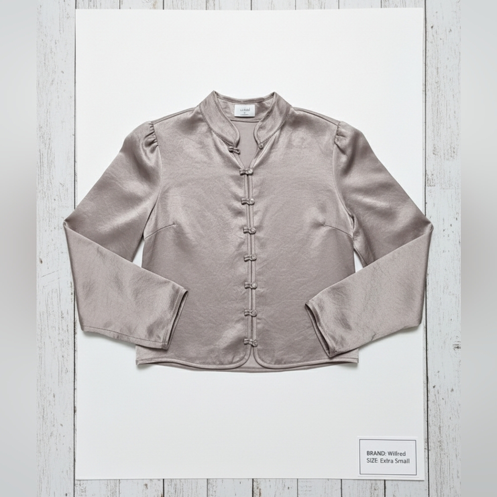 Artizia Wilfred Taupe Satin Shimmer Mandarin Collar Blouse Size Extra Small